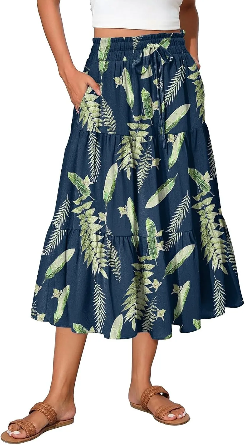 Boho Floral Midi Skirt for Women Summer Comfy Tiered Elastic High Waisted Vacation A-Line Flowy Swing Long