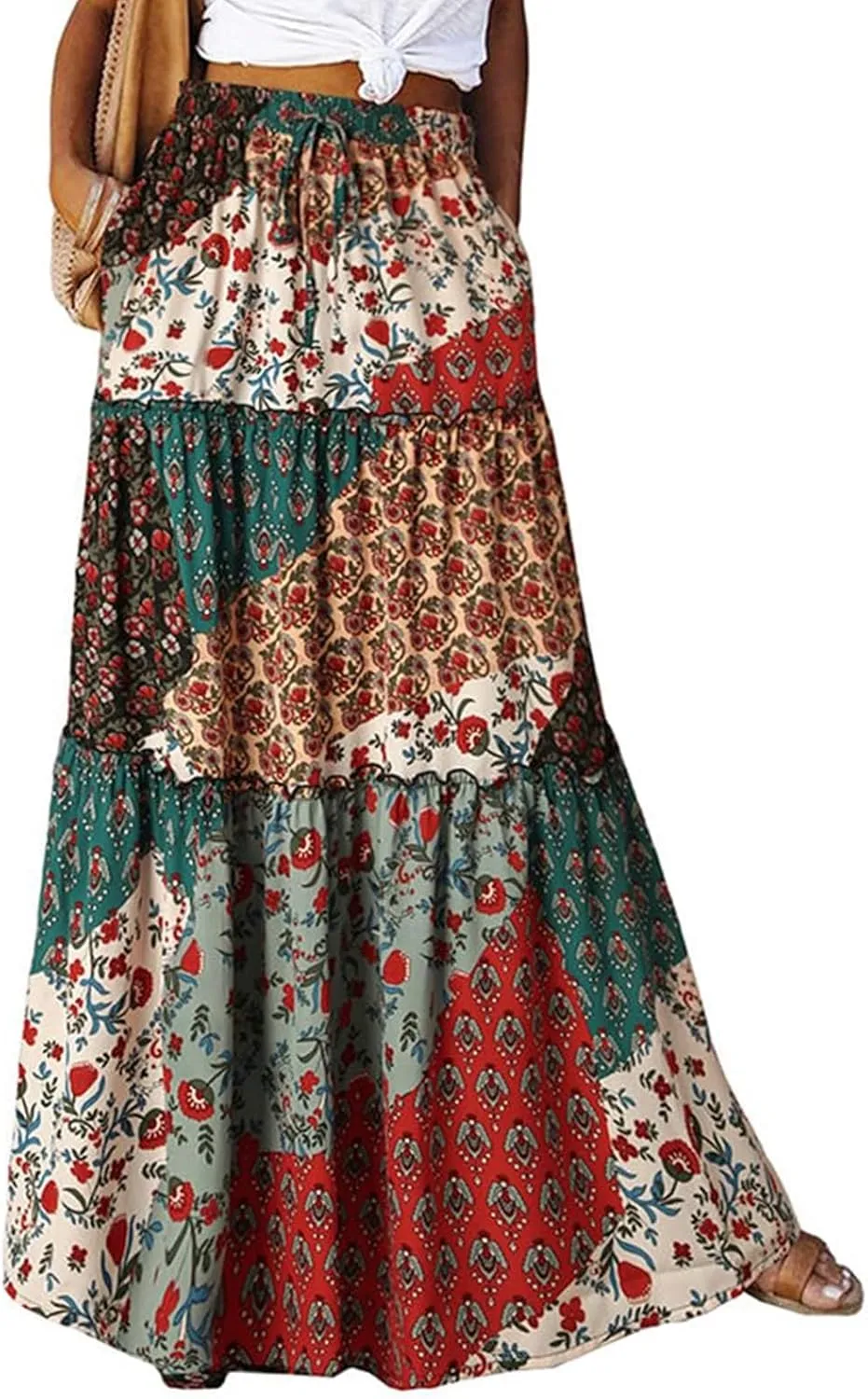Boho Maxi Skirts for Women 2025 Casual Bohemian Tiered Long Pleated Skirt Hippie High Waisted Aline Beach Flowy Skirt