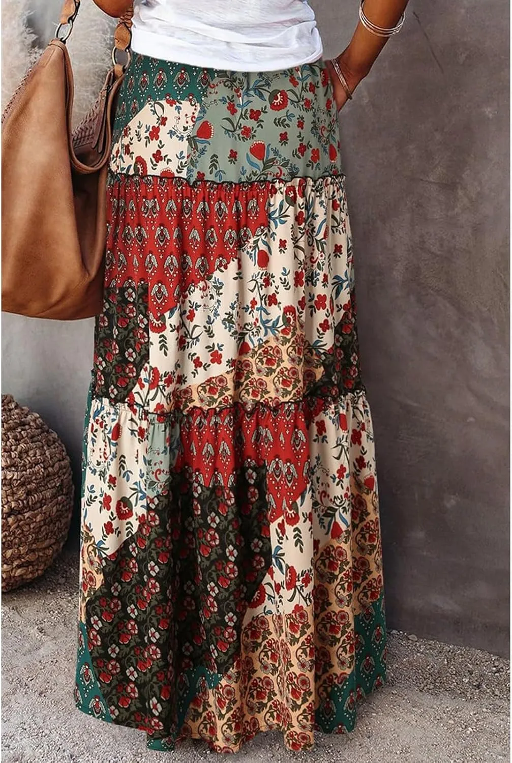 Boho Maxi Skirts for Women 2025 Casual Bohemian Tiered Long Pleated Skirt Hippie High Waisted Aline Beach Flowy Skirt