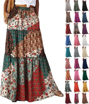 Boho Maxi Skirts for Women 2025 Casual Bohemian Tiered Long Pleated Skirt Hippie High Waisted Aline Beach Flowy Skirt