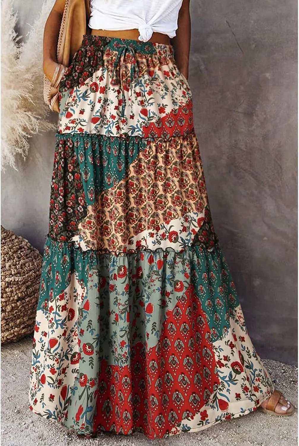 Boho Maxi Skirts for Women 2025 Casual Bohemian Tiered Long Pleated Skirt Hippie High Waisted Aline Beach Flowy Skirt
