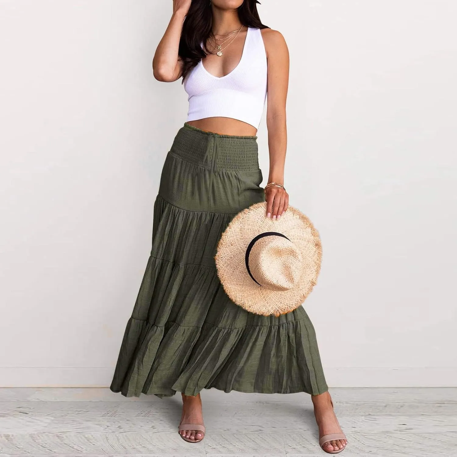 Boho Maxi Skirts for Women 2025 Summer Elastic High Waisted Solid Color Swing A-Line Ruffle Long Skirt