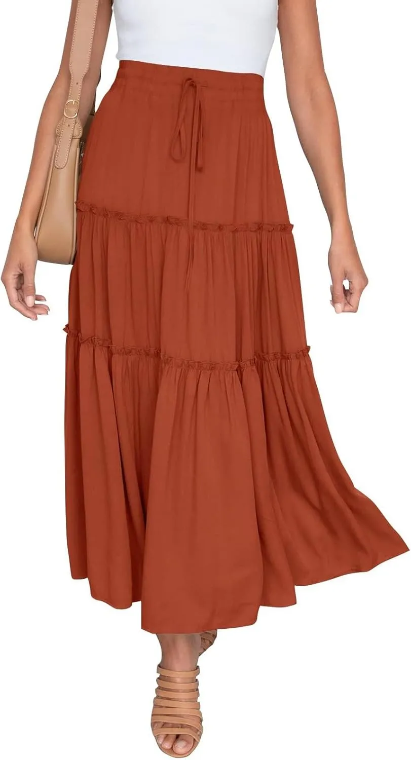 Boho Maxi Skirts for Women 2025 Summer Elastic High Waisted Solid Color Swing A-Line Ruffle Long Skirt
