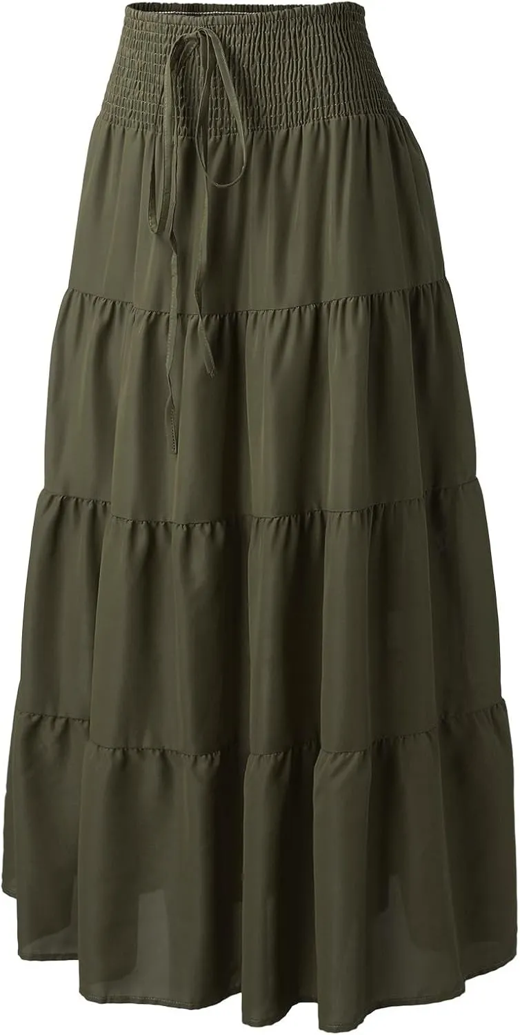 Boho Maxi Skirts for Women 2025 Summer Elastic High Waisted Solid Color Swing A-Line Ruffle Long Skirt