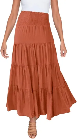 Boho Maxi Skirts for Women 2025 Summer Elastic High Waisted Solid Color Swing A-Line Ruffle Long Skirt