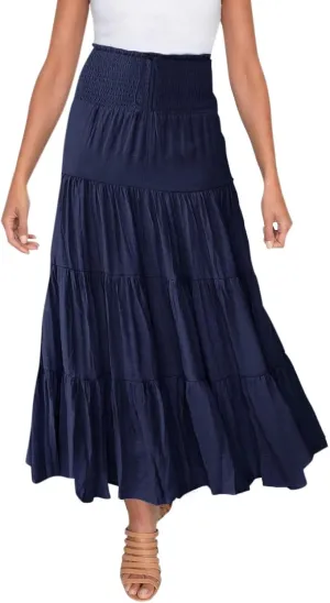Boho Maxi Skirts for Women 2025 Summer Elastic High Waisted Solid Color Swing A-Line Ruffle Long Skirt