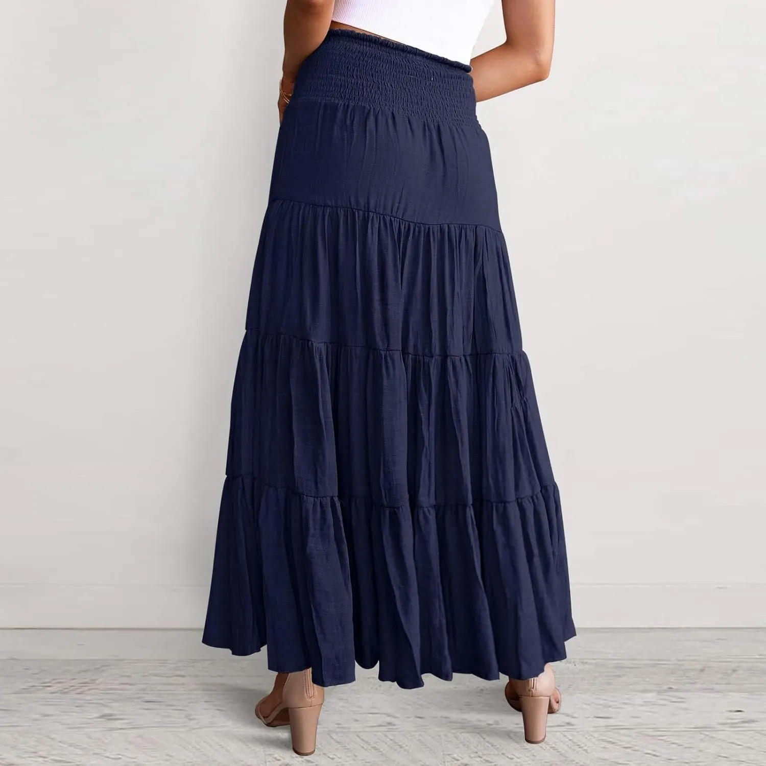 Boho Maxi Skirts for Women 2025 Summer Elastic High Waisted Solid Color Swing A-Line Ruffle Long Skirt