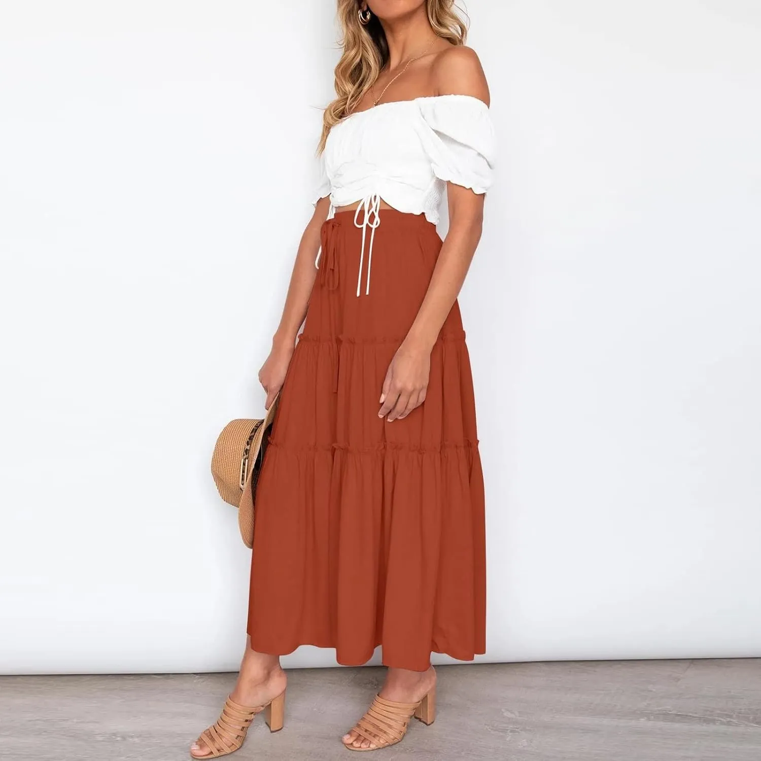 Boho Maxi Skirts for Women 2025 Summer Elastic High Waisted Solid Color Swing A-Line Ruffle Long Skirt