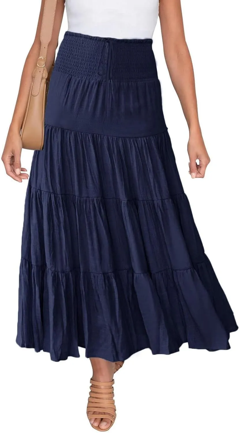 Boho Maxi Skirts for Women 2025 Summer Elastic High Waisted Solid Color Swing A-Line Ruffle Long Skirt