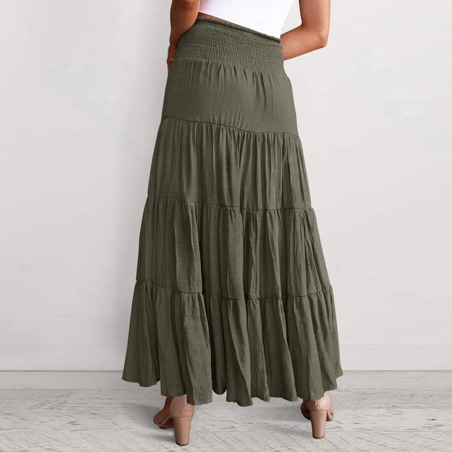 Boho Maxi Skirts for Women 2025 Summer Elastic High Waisted Solid Color Swing A-Line Ruffle Long Skirt