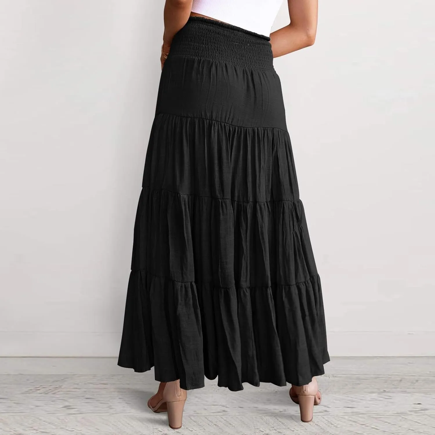 Boho Maxi Skirts for Women 2025 Summer Elastic High Waisted Solid Color Swing A-Line Ruffle Long Skirt