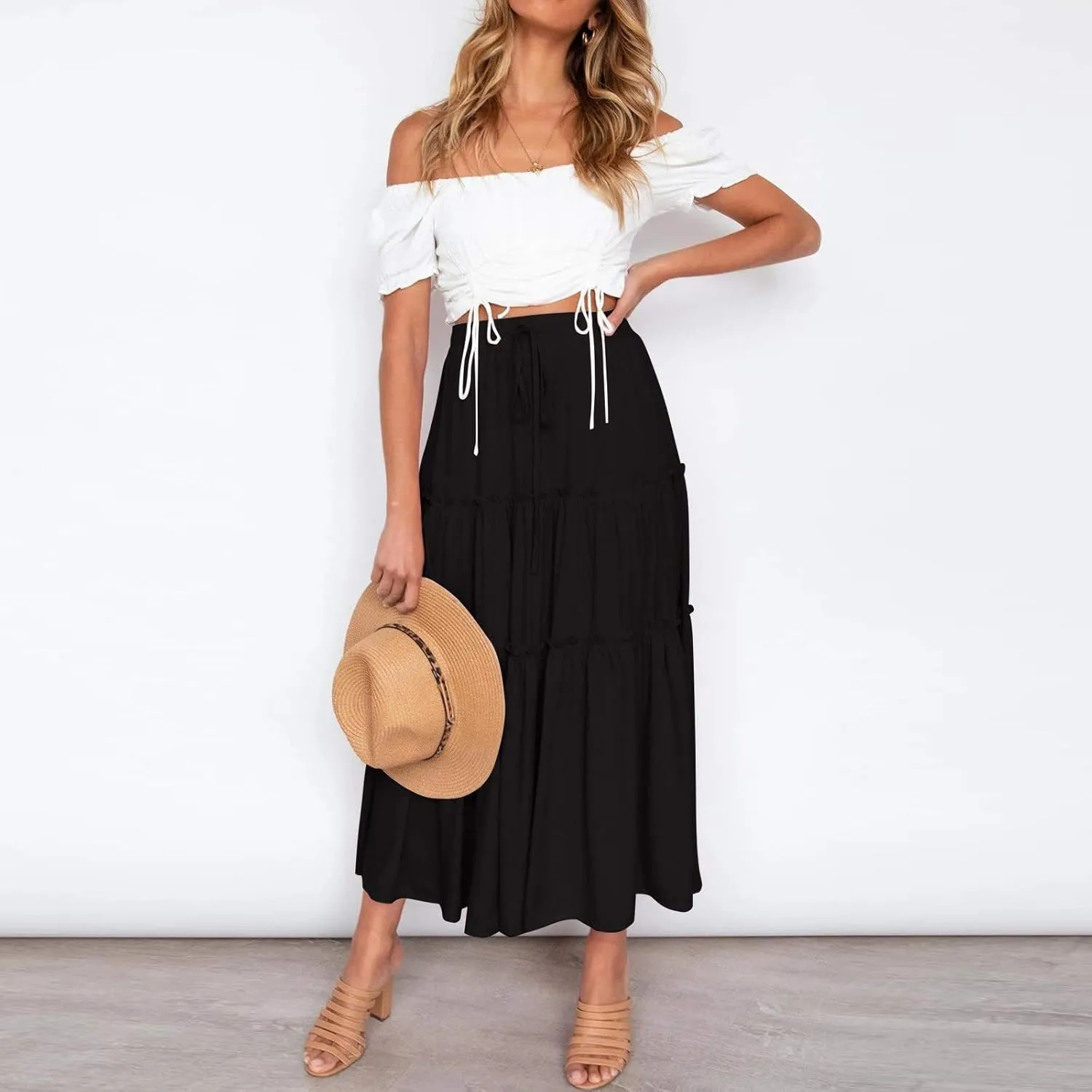 Boho Maxi Skirts for Women 2025 Summer Elastic High Waisted Solid Color Swing A-Line Ruffle Long Skirt