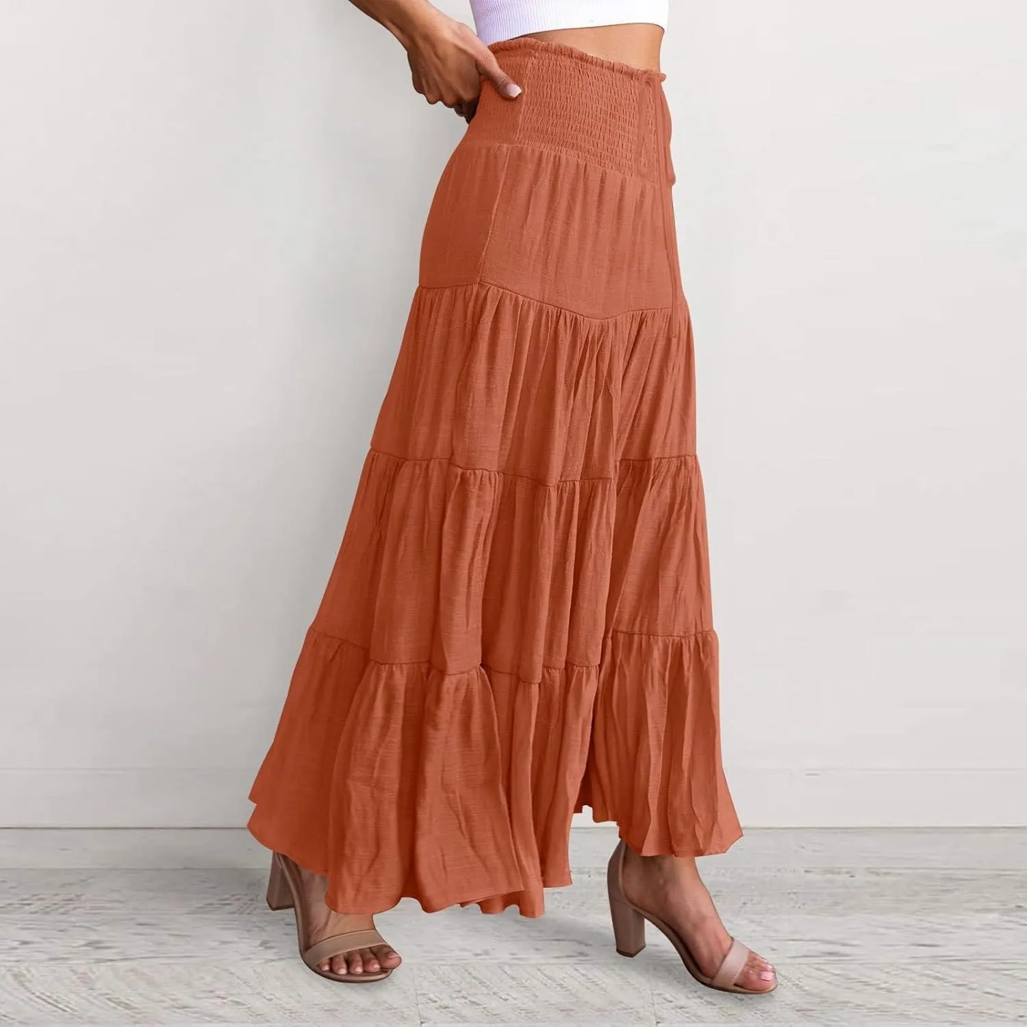 Boho Maxi Skirts for Women 2025 Summer Elastic High Waisted Solid Color Swing A-Line Ruffle Long Skirt