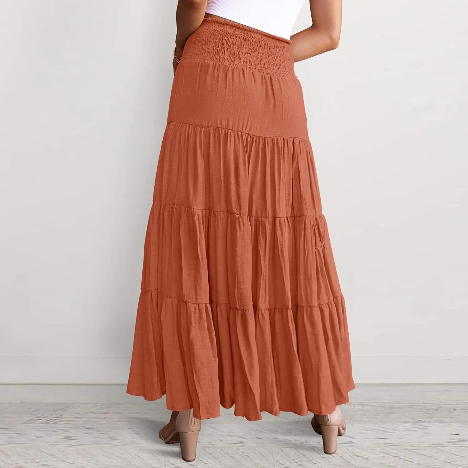 Boho Maxi Skirts for Women 2025 Summer Elastic High Waisted Solid Color Swing A-Line Ruffle Long Skirt