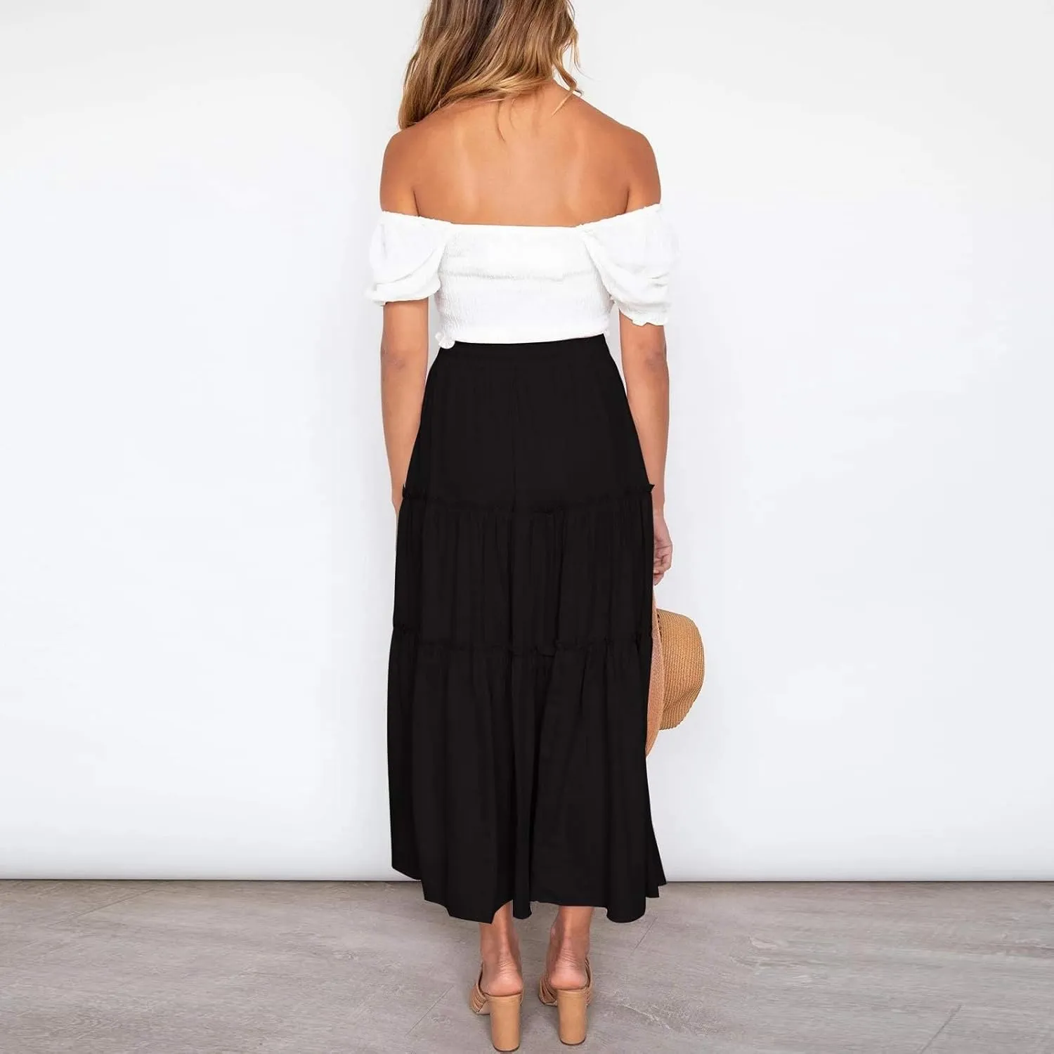 Boho Maxi Skirts for Women 2025 Summer Elastic High Waisted Solid Color Swing A-Line Ruffle Long Skirt