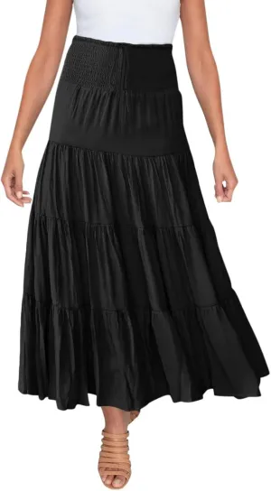 Boho Maxi Skirts for Women 2025 Summer Elastic High Waisted Solid Color Swing A-Line Ruffle Long Skirt