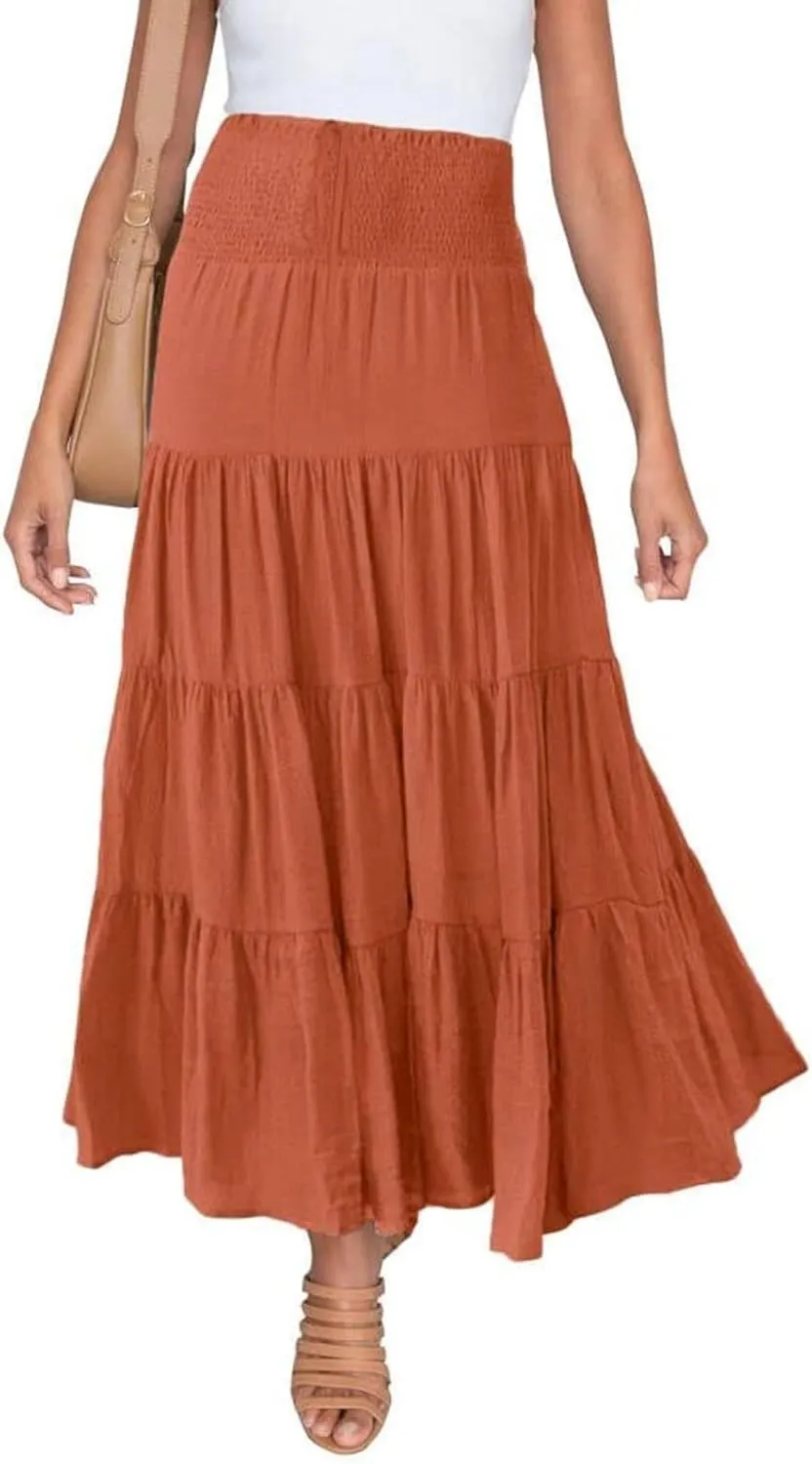 Boho Maxi Skirts for Women 2025 Summer Elastic High Waisted Solid Color Swing A-Line Ruffle Long Skirt