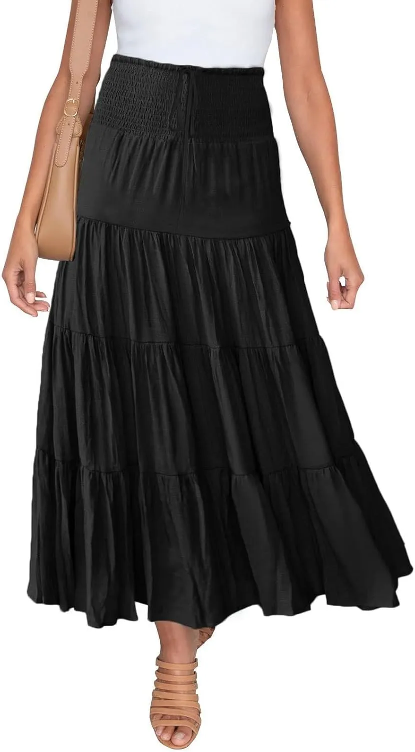 Boho Maxi Skirts for Women 2025 Summer Elastic High Waisted Solid Color Swing A-Line Ruffle Long Skirt