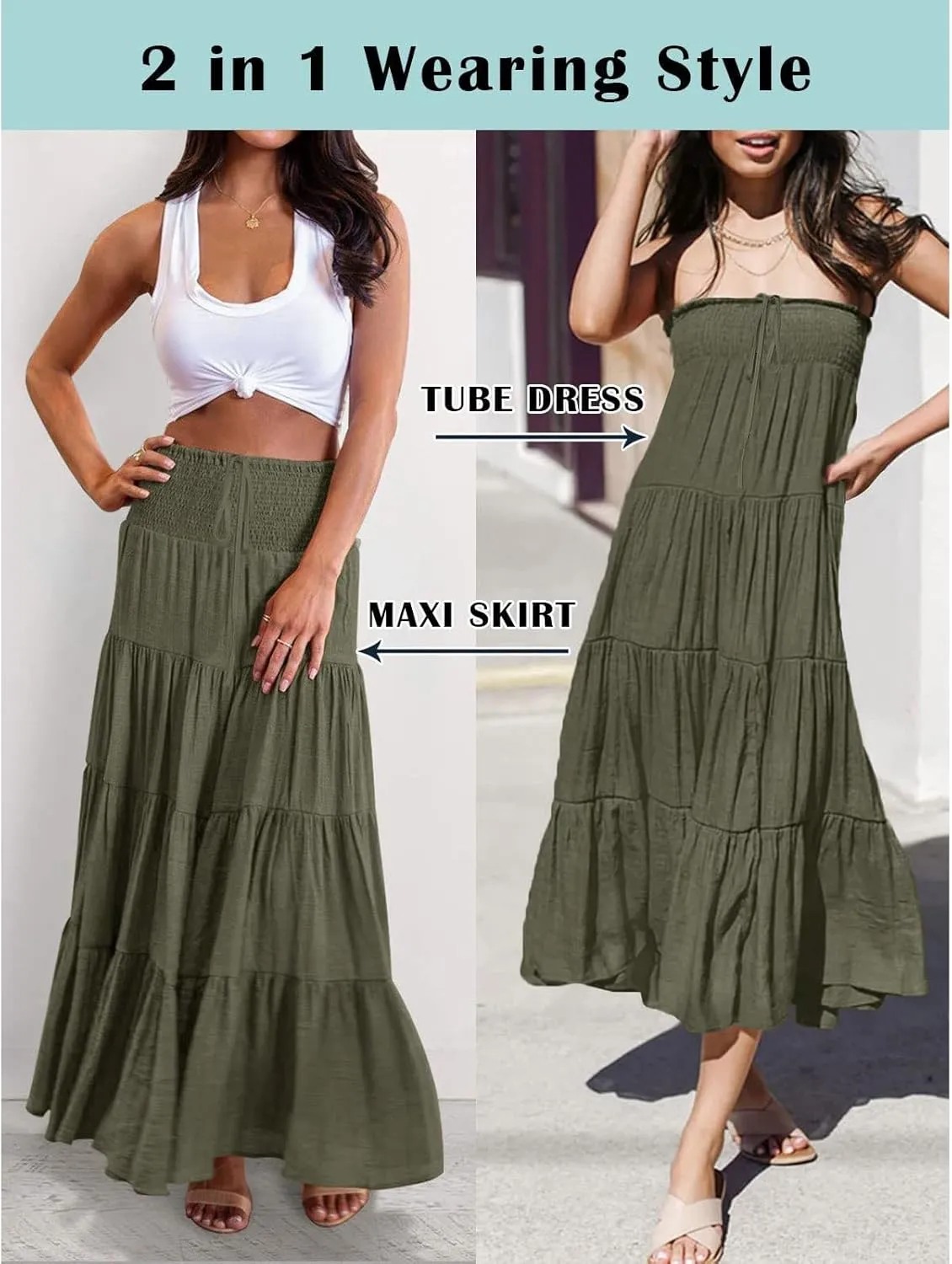 Boho Maxi Skirts for Women 2025 Summer Elastic High Waisted Solid Color Swing A-Line Ruffle Long Skirt