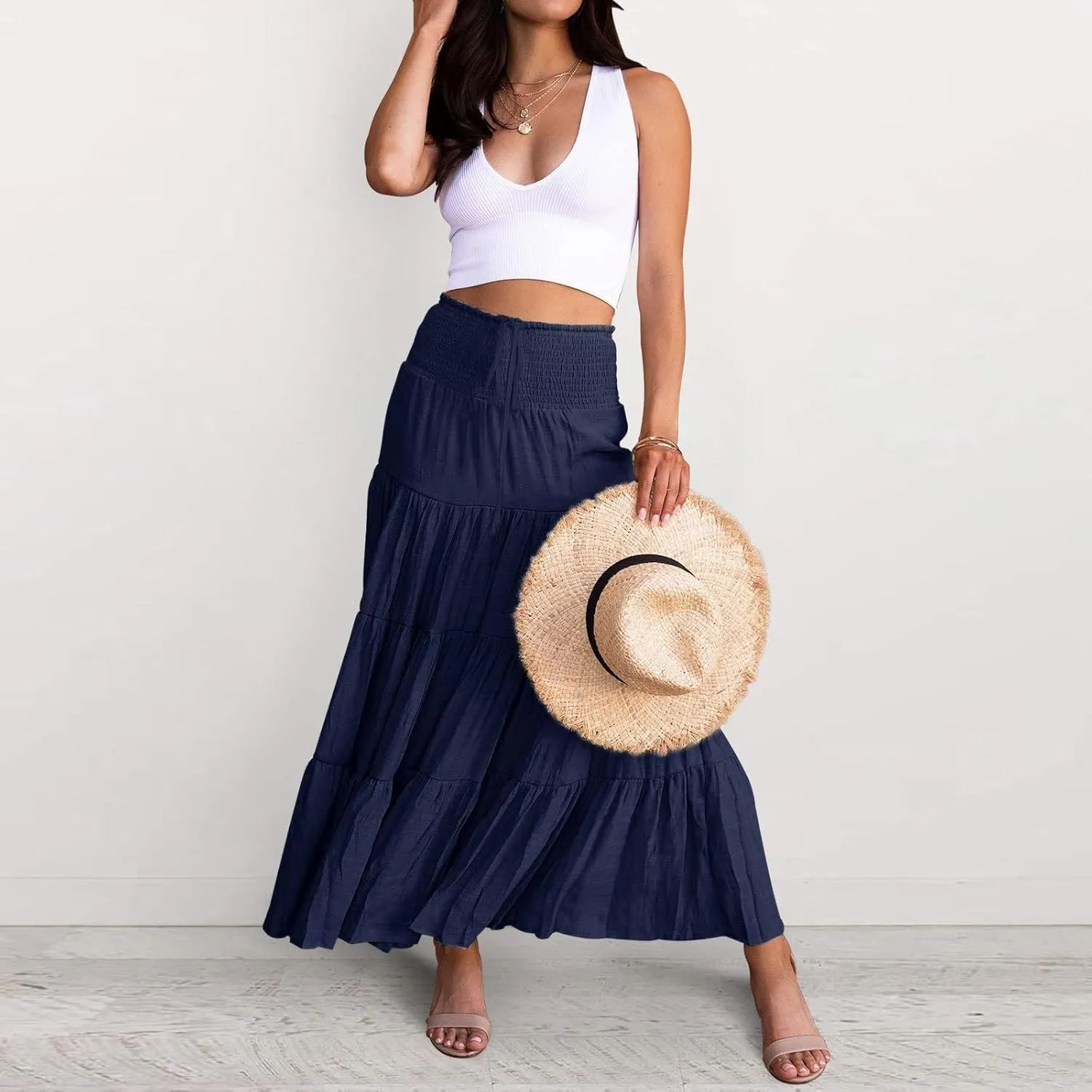 Boho Maxi Skirts for Women 2025 Summer Elastic High Waisted Solid Color Swing A-Line Ruffle Long Skirt