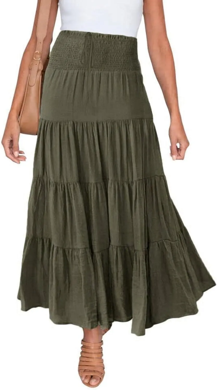 Boho Maxi Skirts for Women 2025 Summer Elastic High Waisted Solid Color Swing A-Line Ruffle Long Skirt