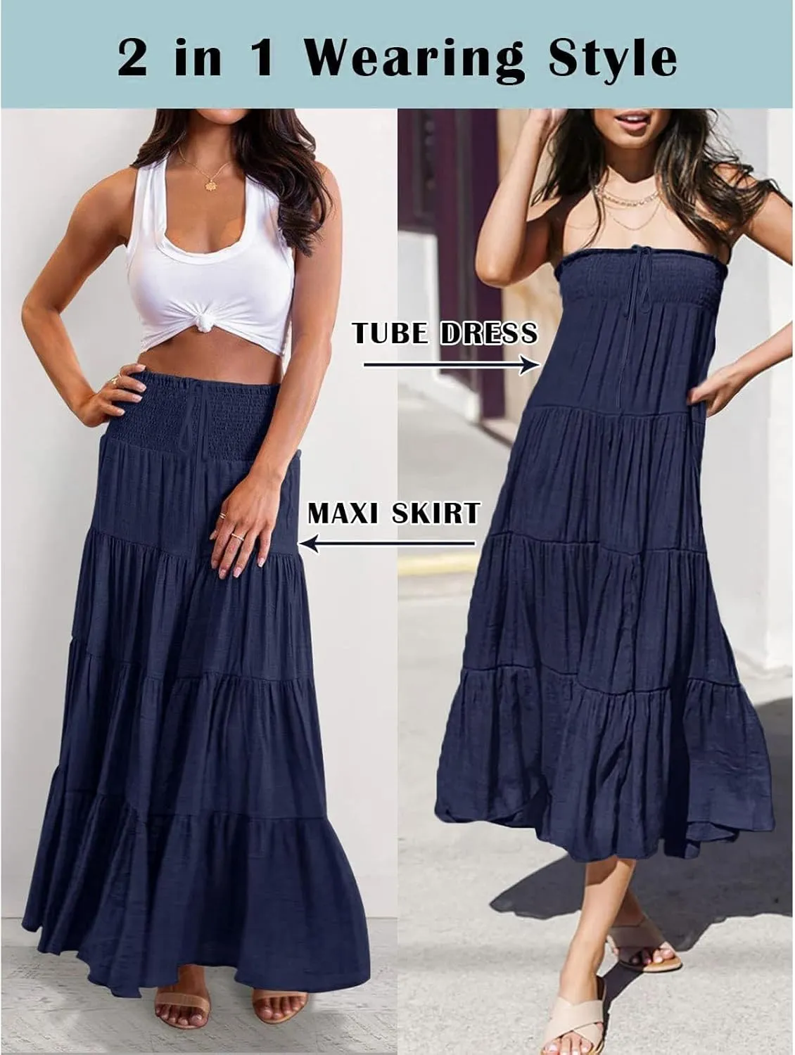 Boho Maxi Skirts for Women 2025 Summer Elastic High Waisted Solid Color Swing A-Line Ruffle Long Skirt