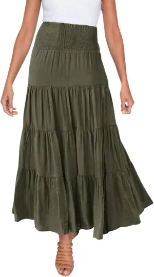Boho Maxi Skirts for Women 2025 Summer Elastic High Waisted Solid Color Swing A-Line Ruffle Long Skirt