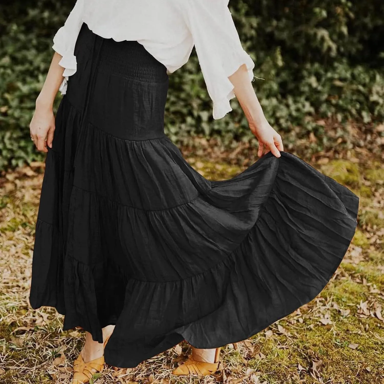 Boho Maxi Skirts for Women 2025 Summer Elastic High Waisted Solid Color Swing A-Line Ruffle Long Skirt