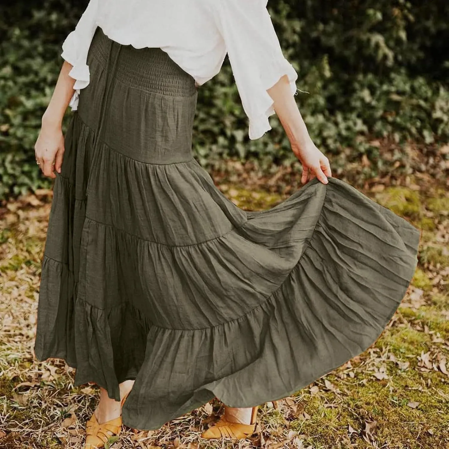 Boho Maxi Skirts for Women 2025 Summer Elastic High Waisted Solid Color Swing A-Line Ruffle Long Skirt