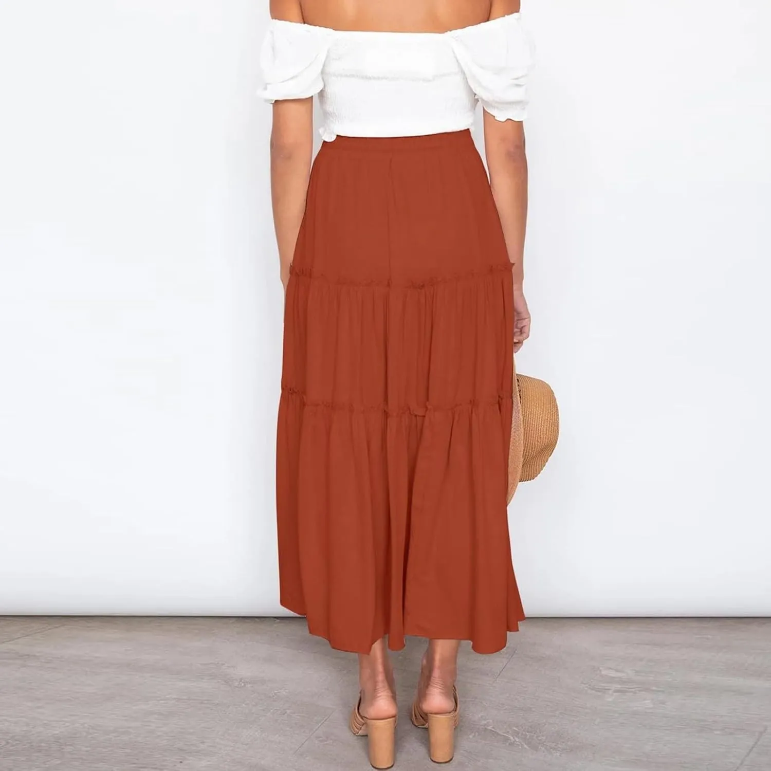 Boho Maxi Skirts for Women 2025 Summer Elastic High Waisted Solid Color Swing A-Line Ruffle Long Skirt