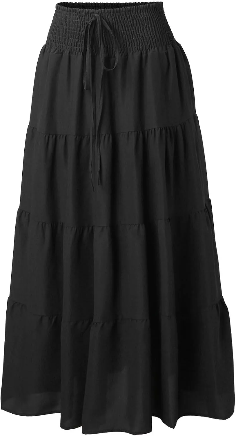 Boho Maxi Skirts for Women 2025 Summer Elastic High Waisted Solid Color Swing A-Line Ruffle Long Skirt