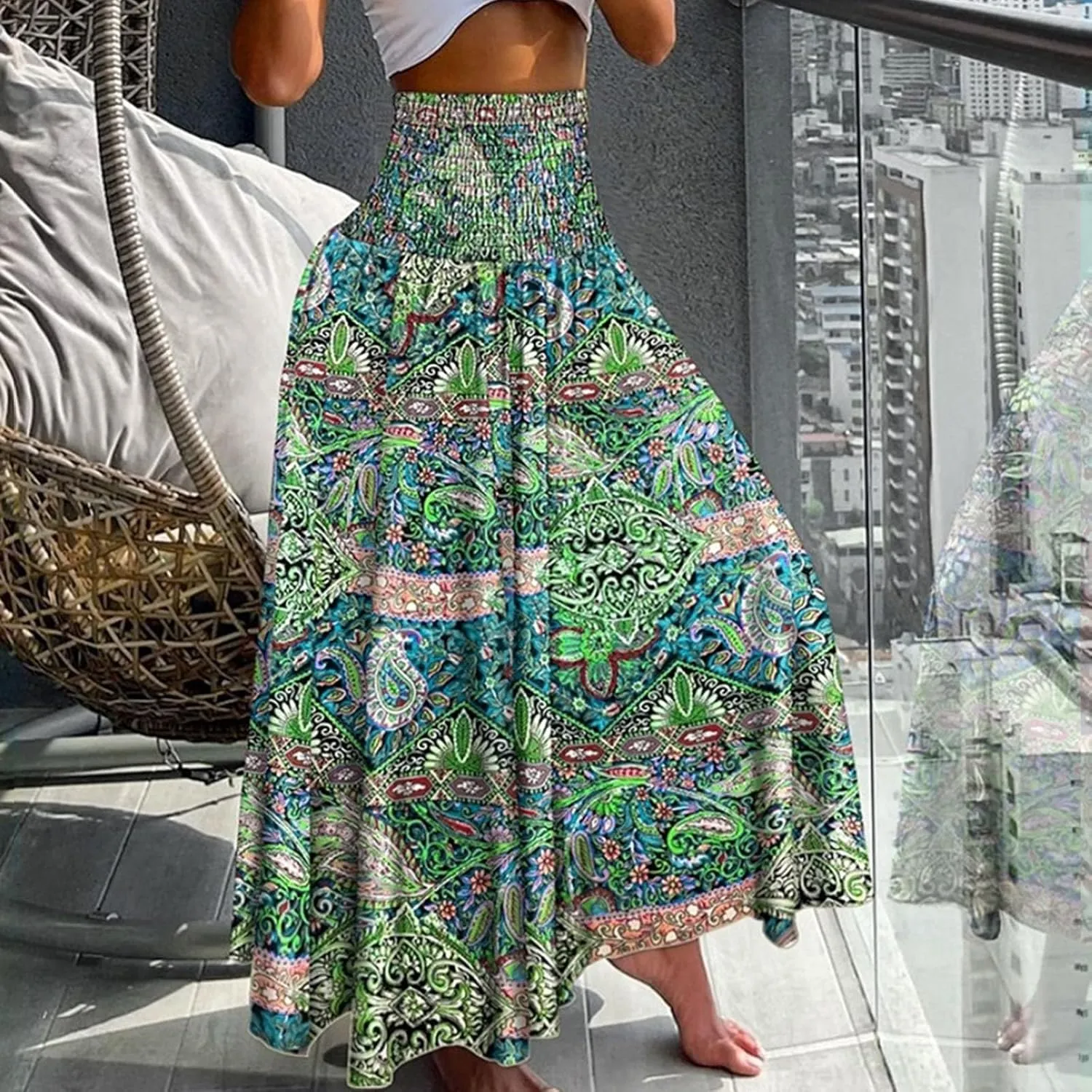 Boho Maxi Skirts for Women 2025 Summer Elegant High Waisted Flowy Swing A-Line Floral Long Skirt
