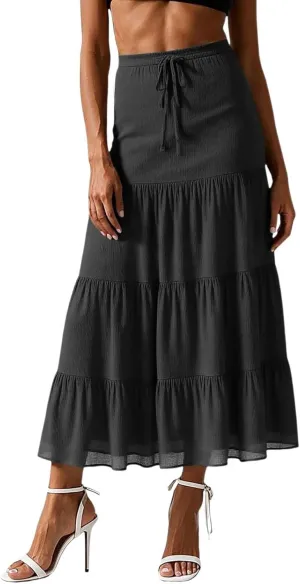 Boho Maxi Skirts for Women 2025 Summer Vacation High Waisted Floral Printed Flowy Ruffle Long Skirt