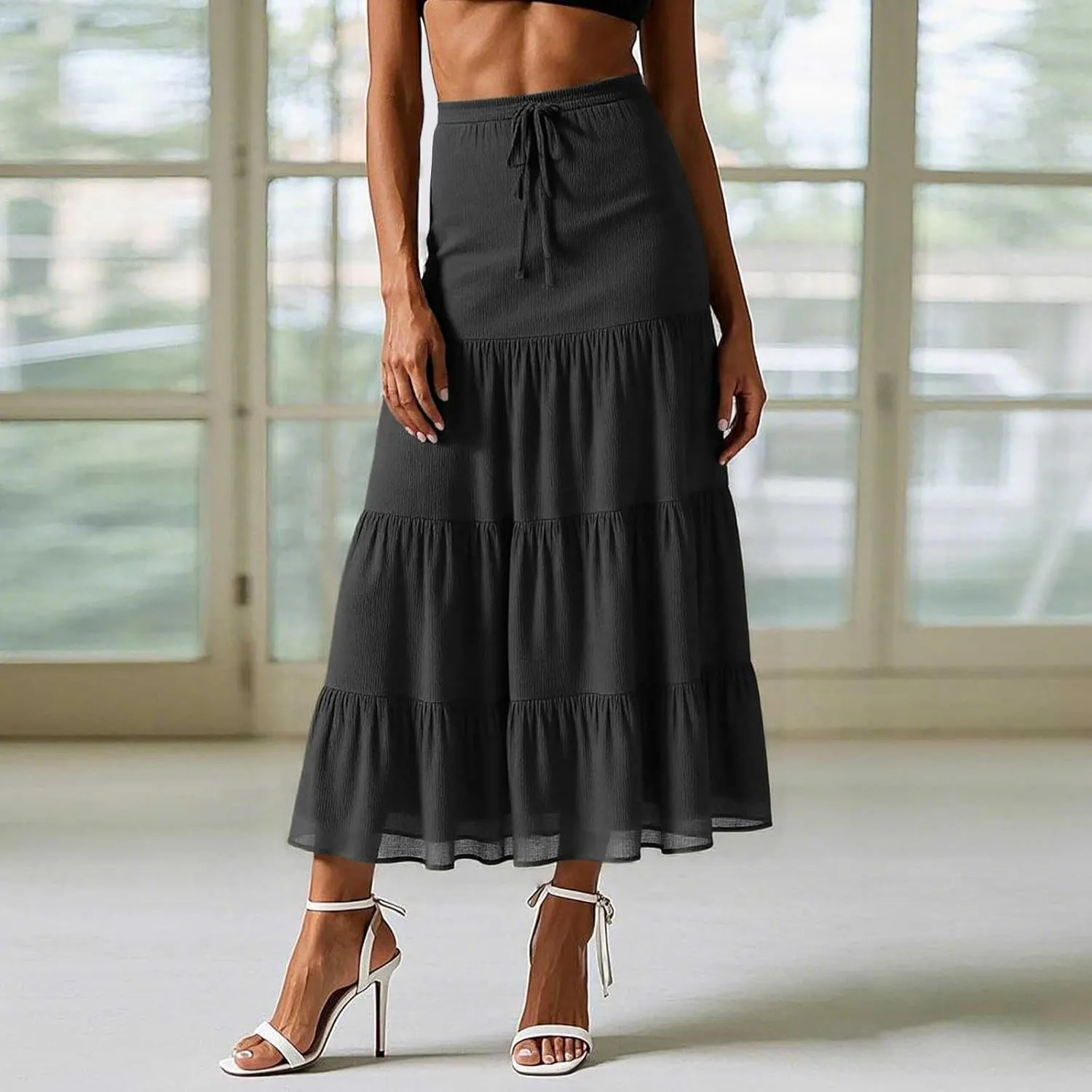 Boho Maxi Skirts for Women 2025 Summer Vacation High Waisted Floral Printed Flowy Ruffle Long Skirt