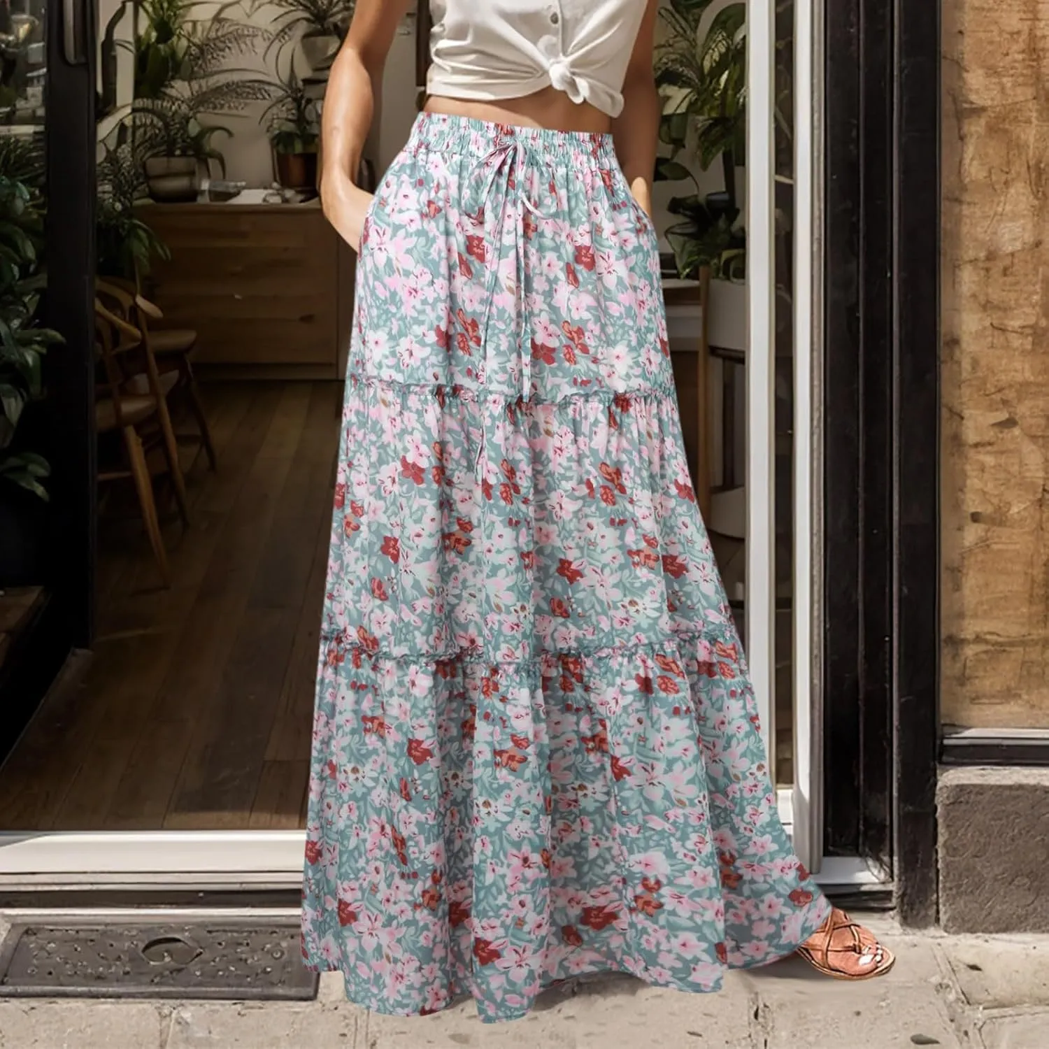 Boho Skirts for Women 2025 Elastic High Waisted Flowy Swing A-Line Beach Vacation Maxi Skirt