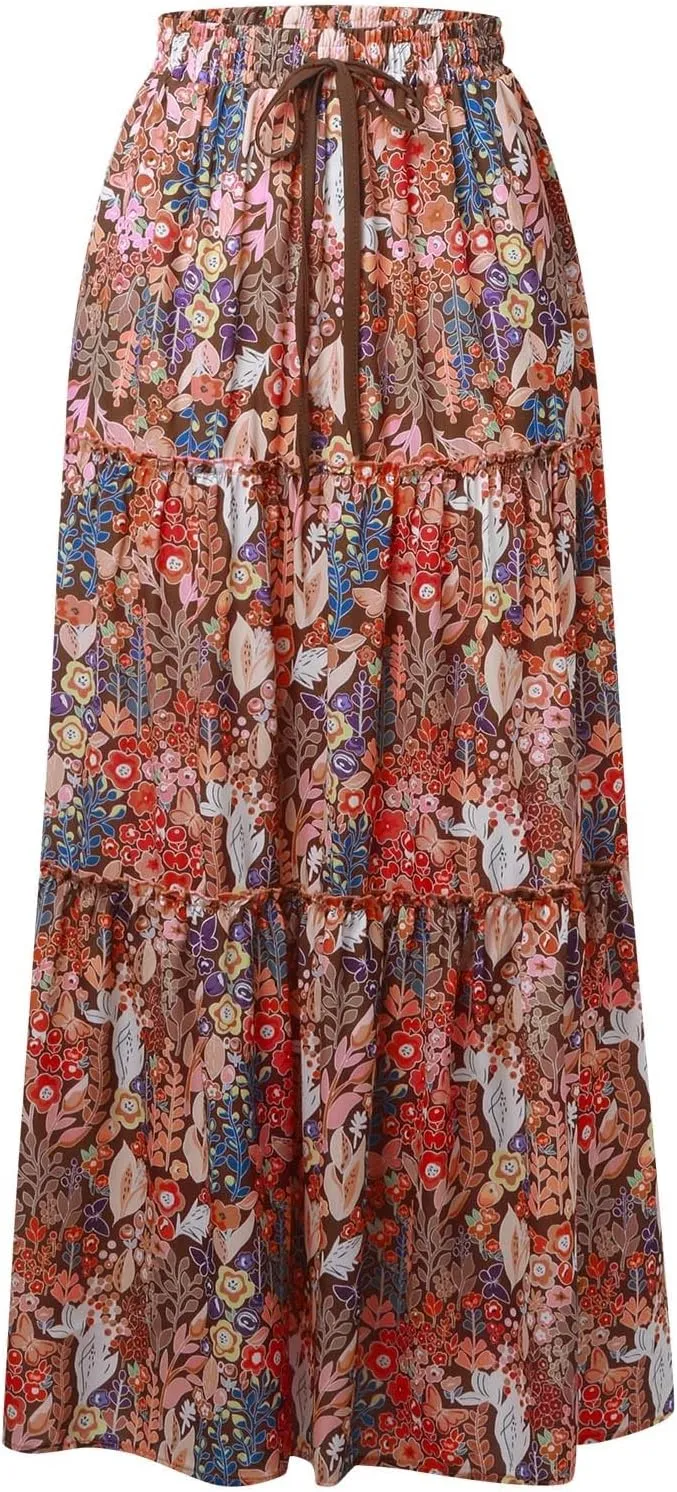 Boho Skirts for Women 2025 Elastic High Waisted Flowy Swing A-Line Beach Vacation Maxi Skirt
