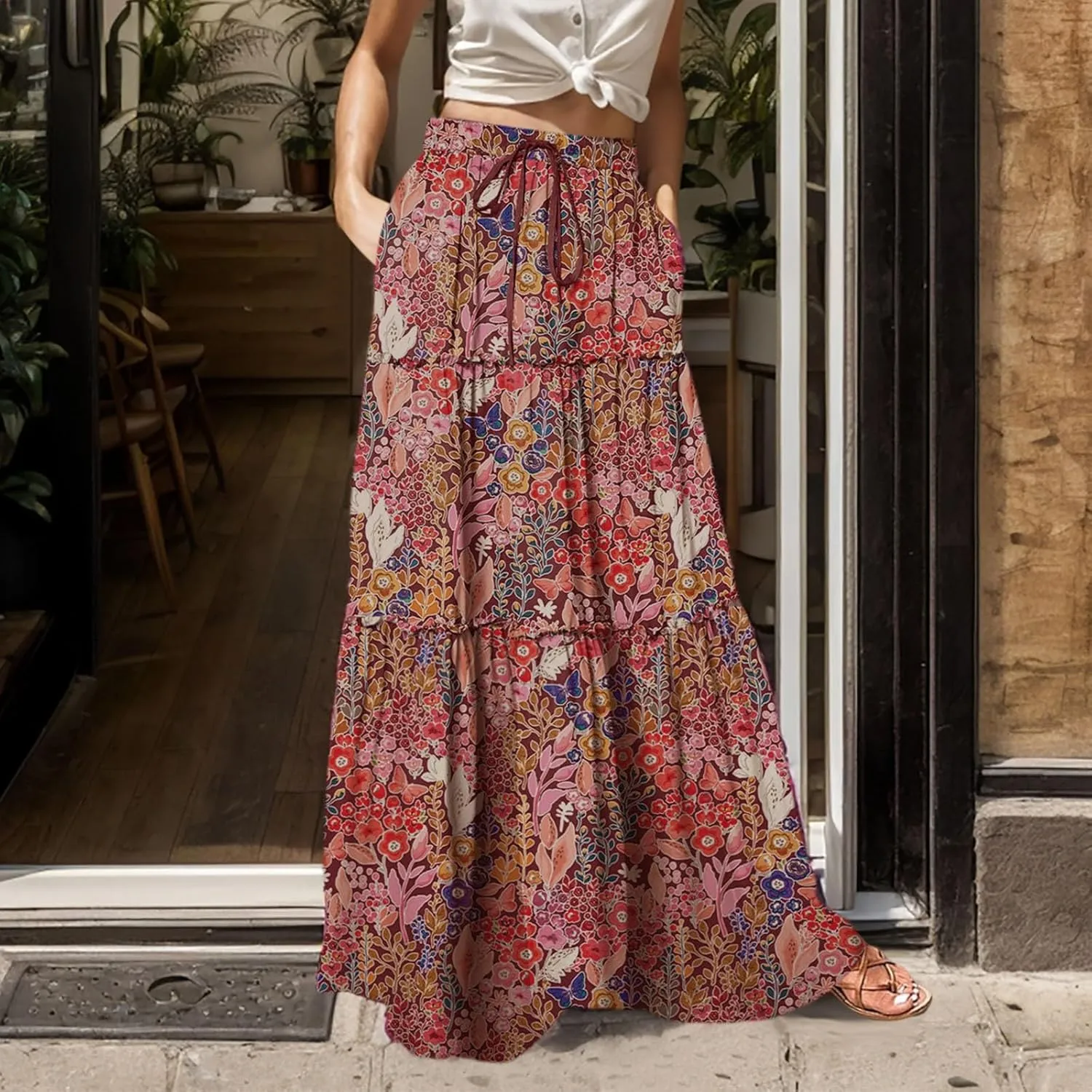 Boho Skirts for Women 2025 Elastic High Waisted Flowy Swing A-Line Beach Vacation Maxi Skirt