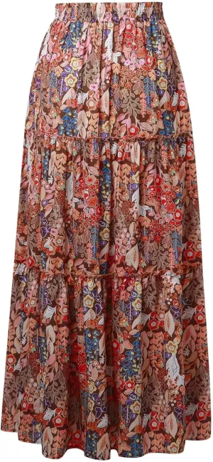 Boho Skirts for Women 2025 Elastic High Waisted Flowy Swing A-Line Beach Vacation Maxi Skirt