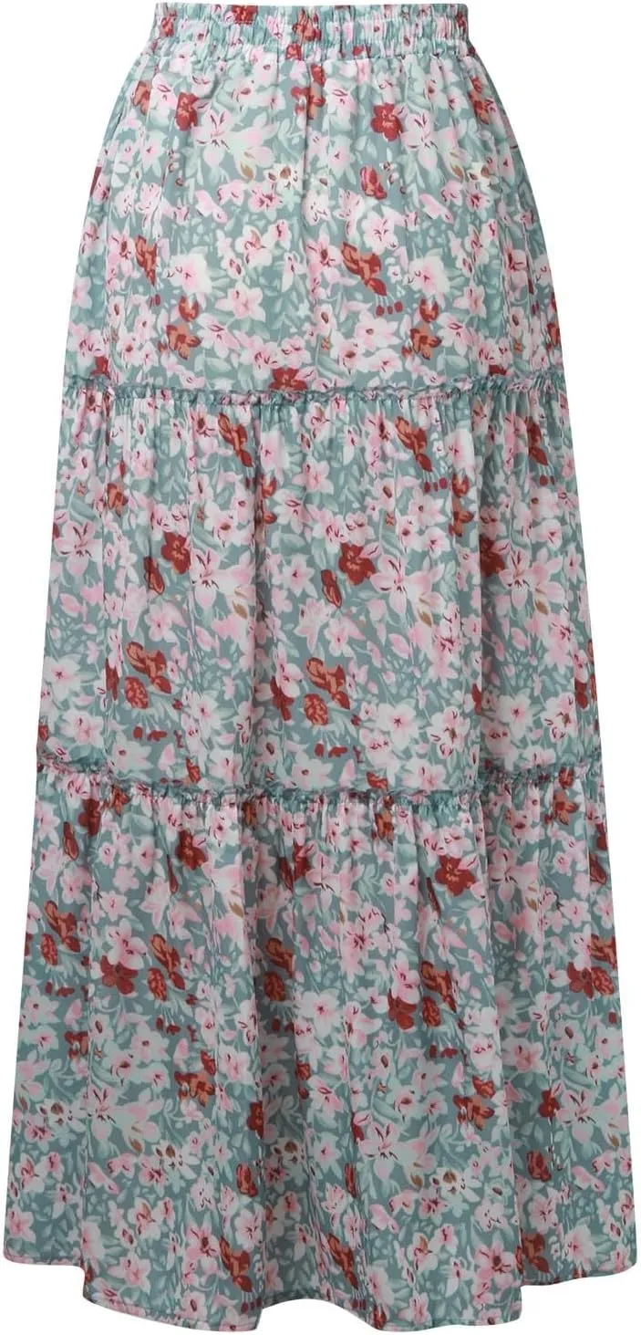 Boho Skirts for Women 2025 Elastic High Waisted Flowy Swing A-Line Beach Vacation Maxi Skirt