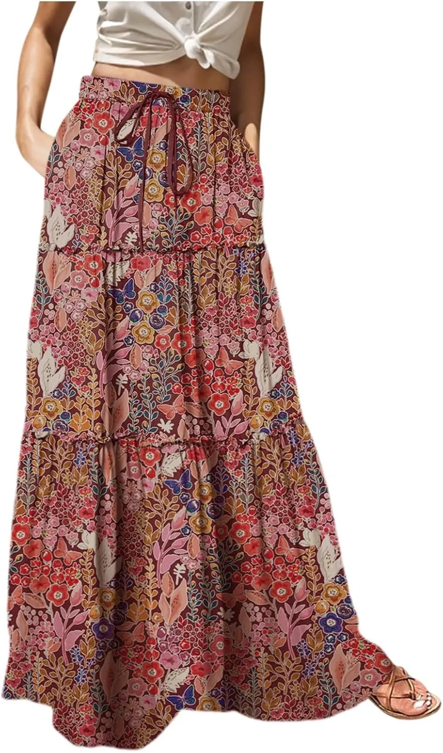 Boho Skirts for Women 2025 Elastic High Waisted Flowy Swing A-Line Beach Vacation Maxi Skirt