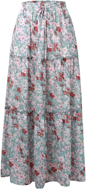 Boho Skirts for Women 2025 Elastic High Waisted Flowy Swing A-Line Beach Vacation Maxi Skirt