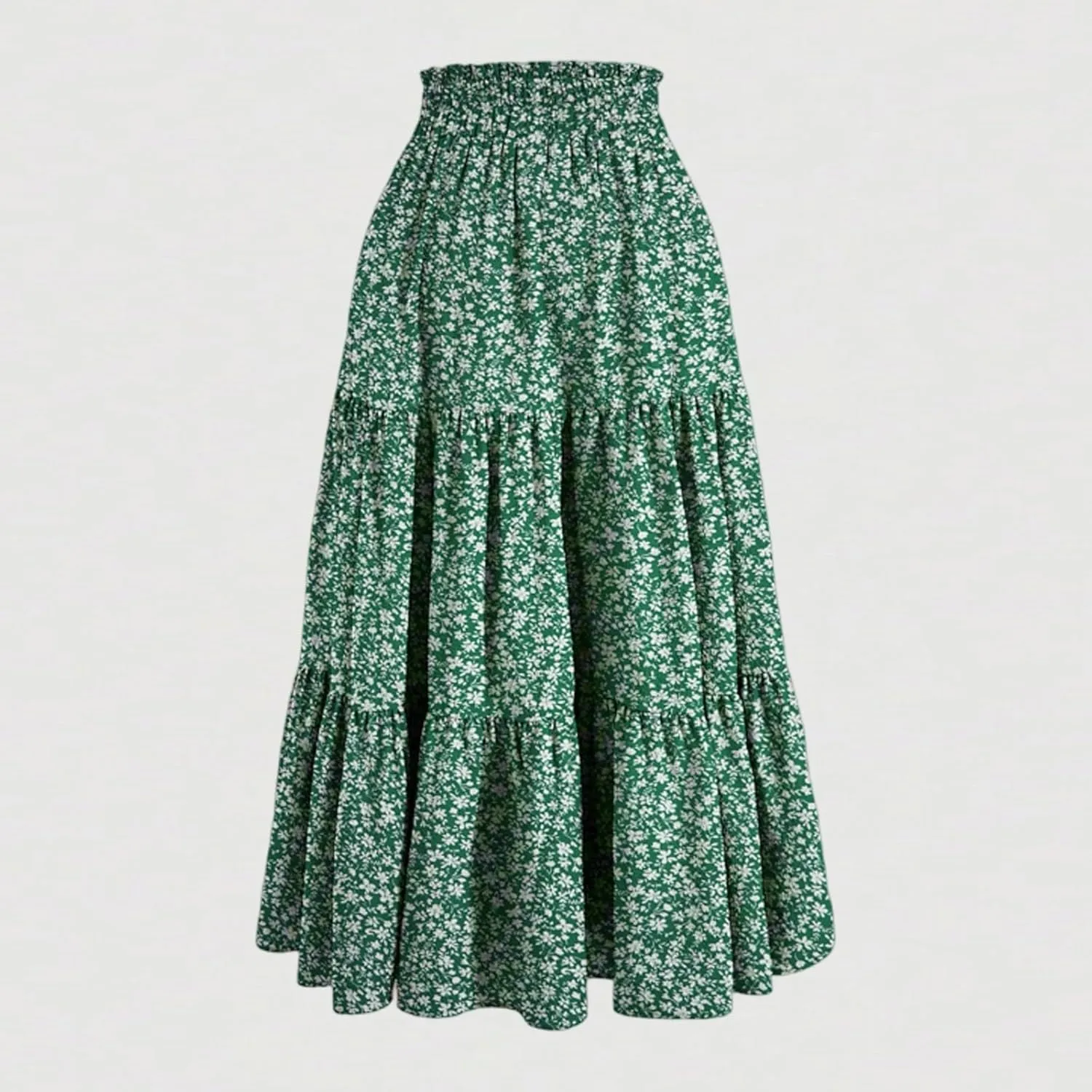 Boho Skirts for Women Drawstring Elastic High Waisted Summer Midi Skirt Work A Line Tiered Pleated Skirts Knee Length