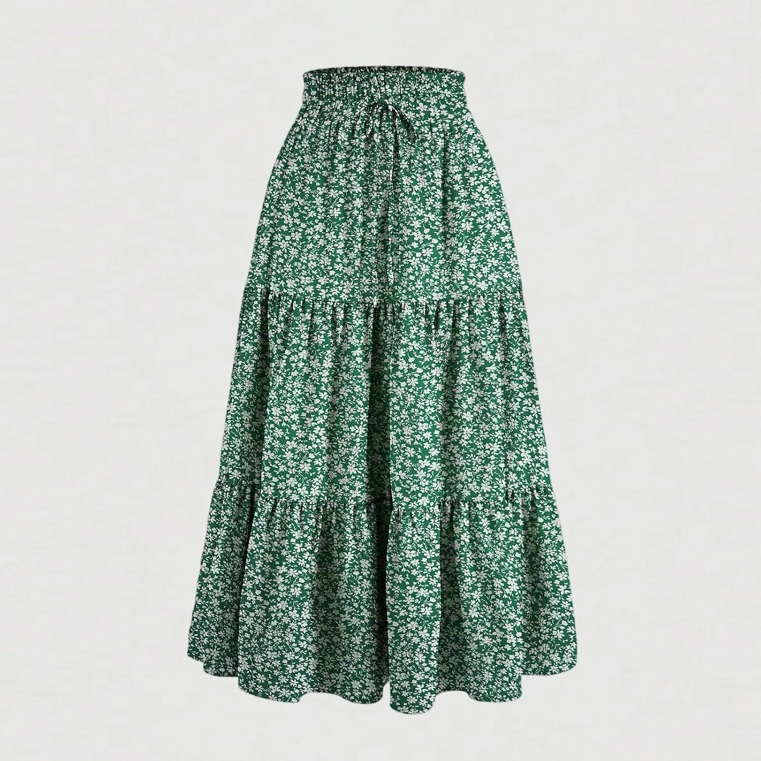 Boho Skirts for Women Drawstring Elastic High Waisted Summer Midi Skirt Work A Line Tiered Pleated Skirts Knee Length