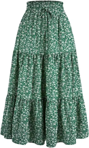 Boho Skirts for Women Drawstring Elastic High Waisted Summer Midi Skirt Work A Line Tiered Pleated Skirts Knee Length