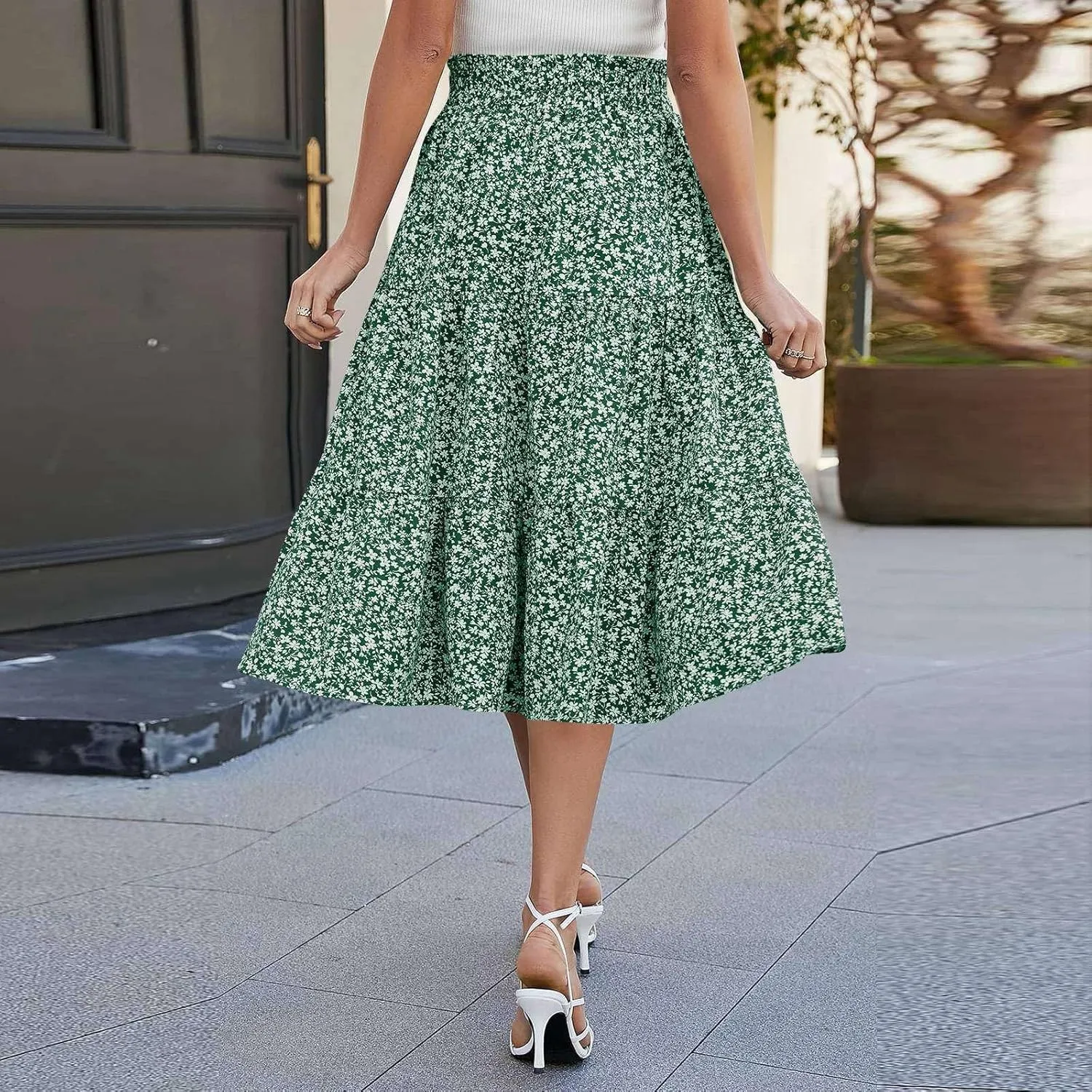 Boho Skirts for Women Drawstring Elastic High Waisted Summer Midi Skirt Work A Line Tiered Pleated Skirts Knee Length