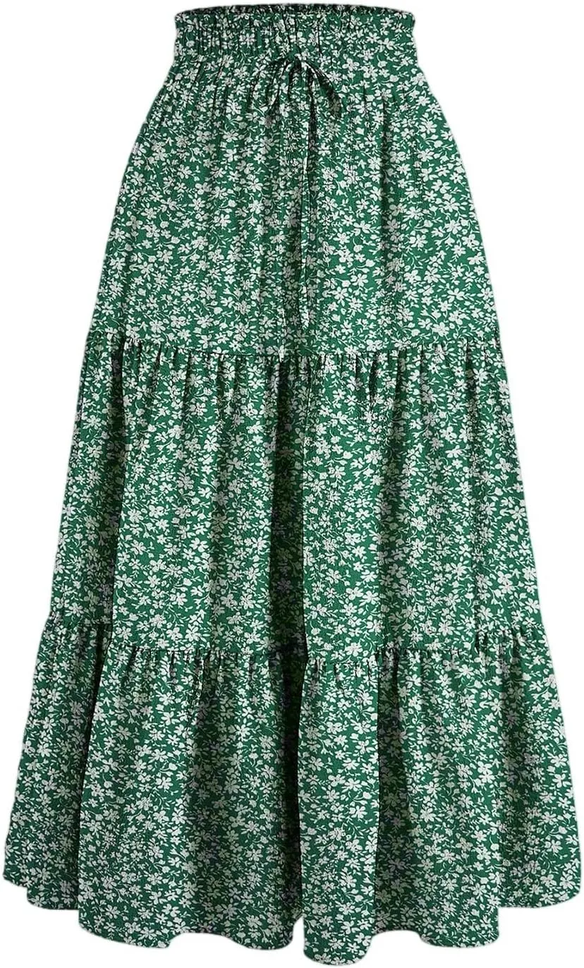Boho Skirts for Women Drawstring Elastic High Waisted Summer Midi Skirt Work A Line Tiered Pleated Skirts Knee Length