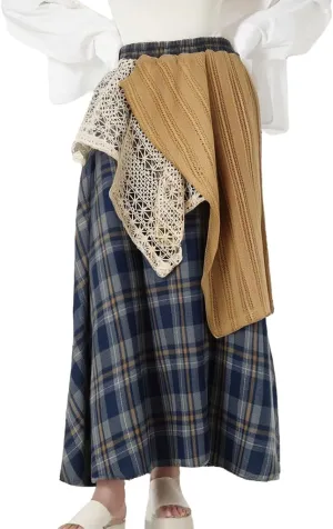 Boho Skirts for Women Plaid Asymmetrical Renaissance A-Line Maxi Skirts Elastic High Rise with Lace Patchwork