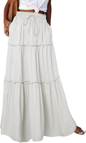 Boho Skirts for Women Summer Casual Summer Elastic High Waist A-Line Ruffle Hem Maxi Skirt Beach Long Skirt