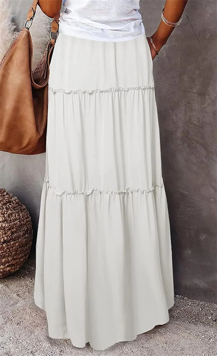 Boho Skirts for Women Summer Casual Summer Elastic High Waist A-Line Ruffle Hem Maxi Skirt Beach Long Skirt