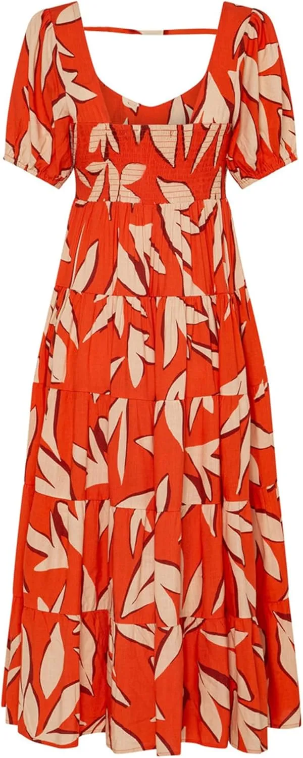 BTFBM Casual Women Summer Dresses 2024 Puff Sleeve Floral Maxi Dresses Smocked Backless Flowy Tiered Beach Long Dress